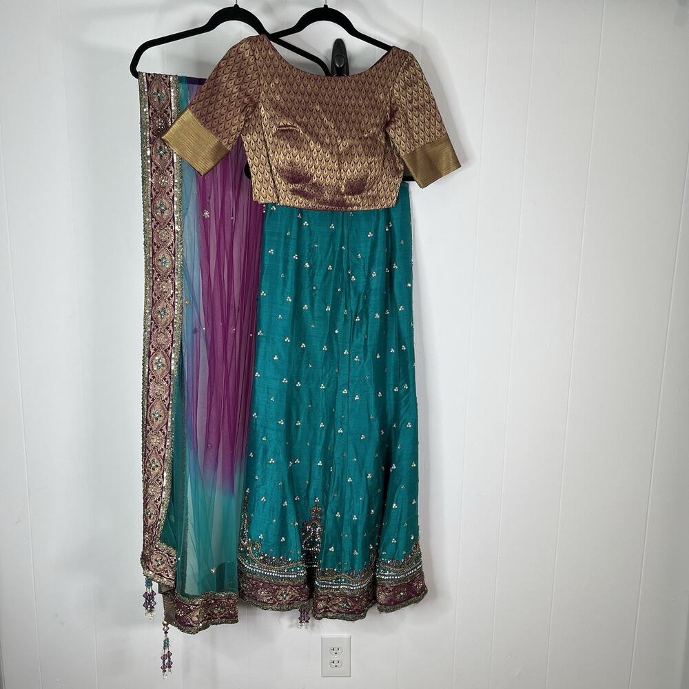 Indian Lehenga Choli Dupatta Teal Gold Embroidered Beaded Wedding 3 Pc Set